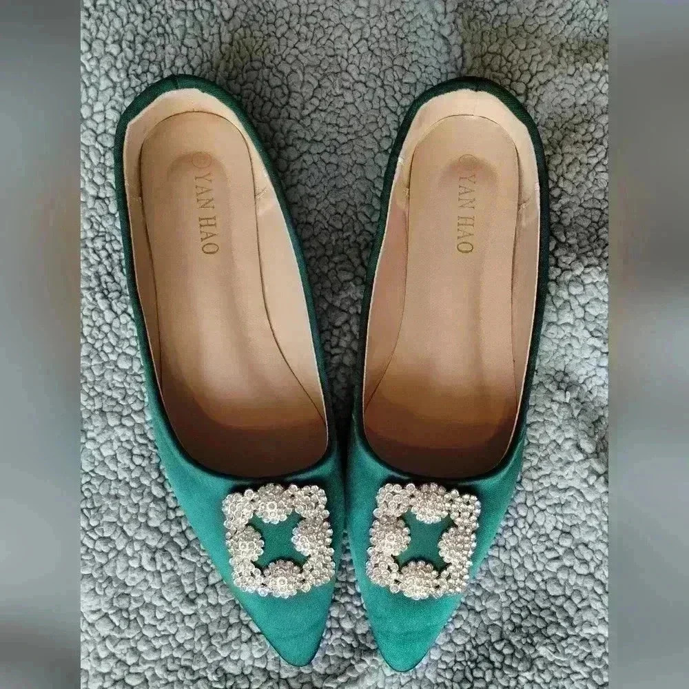 Green Satin Basket flat shoes sz eu 42 us 9.5 medium whide - Picture 1 of 9